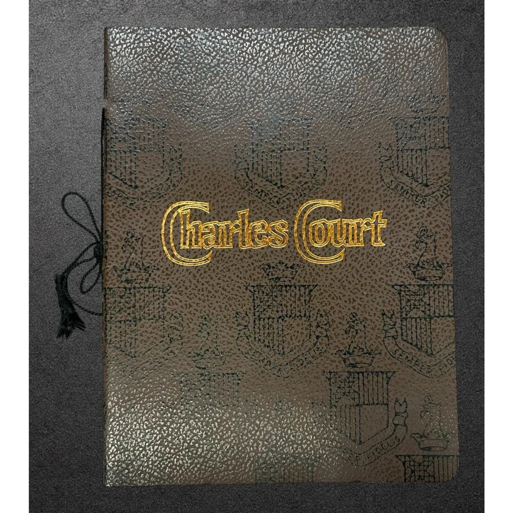 Vintage Charles Court Restaurant Menu Embossed Faux Leather Crested Binder Cover